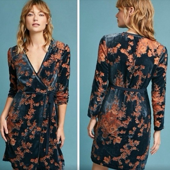 Anthropologie Dresses & Skirts - Eri + Ali‎ Velvet Burnout Wrap Dress Sz Small NWT $158 Blue Orange Sheer